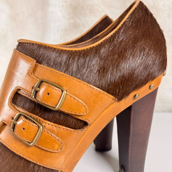 UGG Brown Haircalf & Leather HEELS Clogs With Double Buckle & Studs 7.5 - Picture 2 of 10